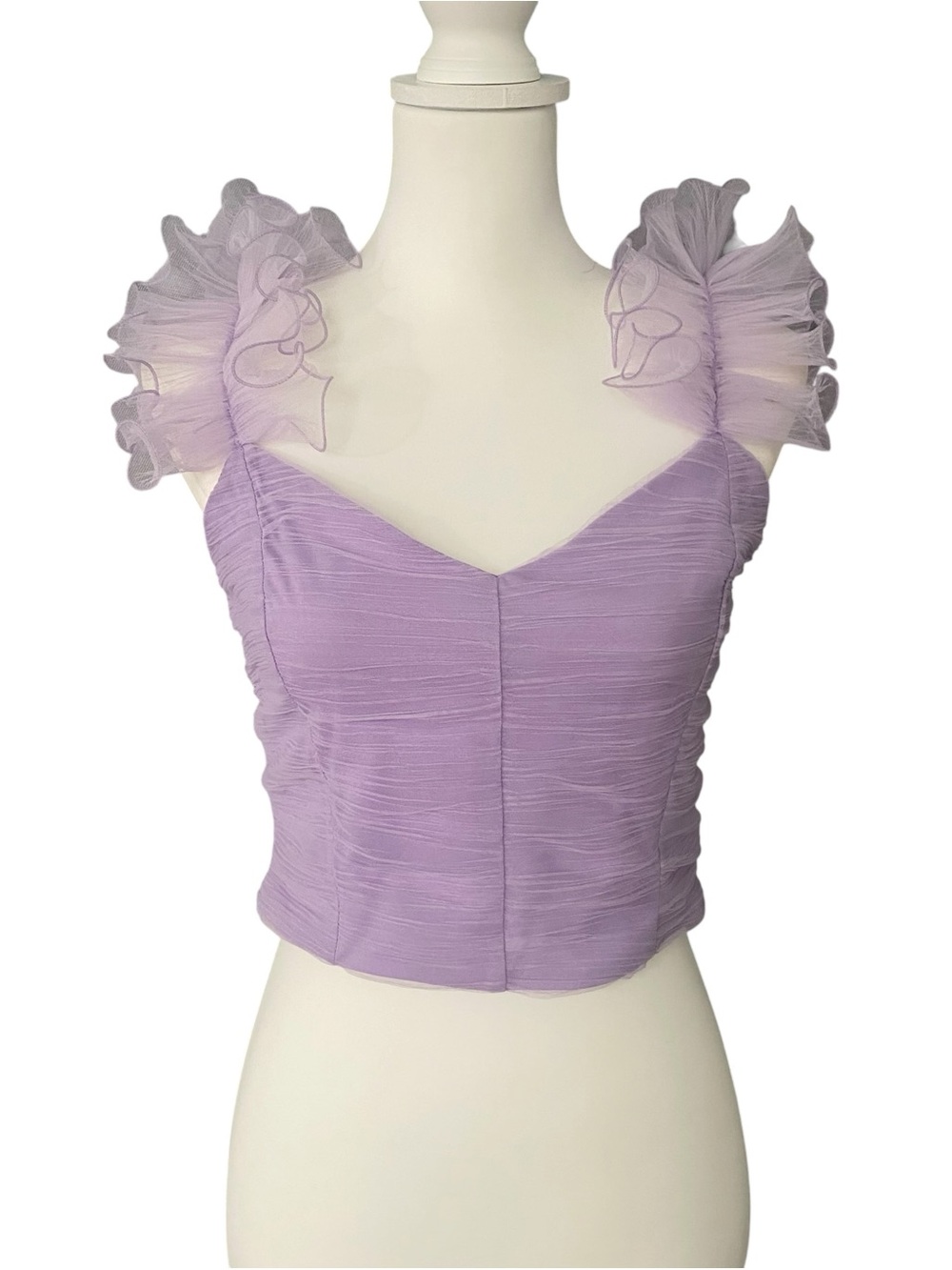 Zara Lilac Ruched Mesh Corset Crop Top Ruffle Tulle Straps Fairycore Coquette, L